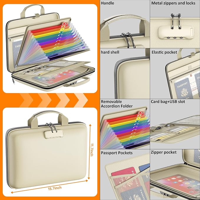 Tamfile Fireproof File Organizer with Lock,Hard Case Fireproof Document Box | 13 Colour Pockets Accordion File Folder, Office Home Important Document Organizer for Letter A4 Files Laptop Passports,Beige