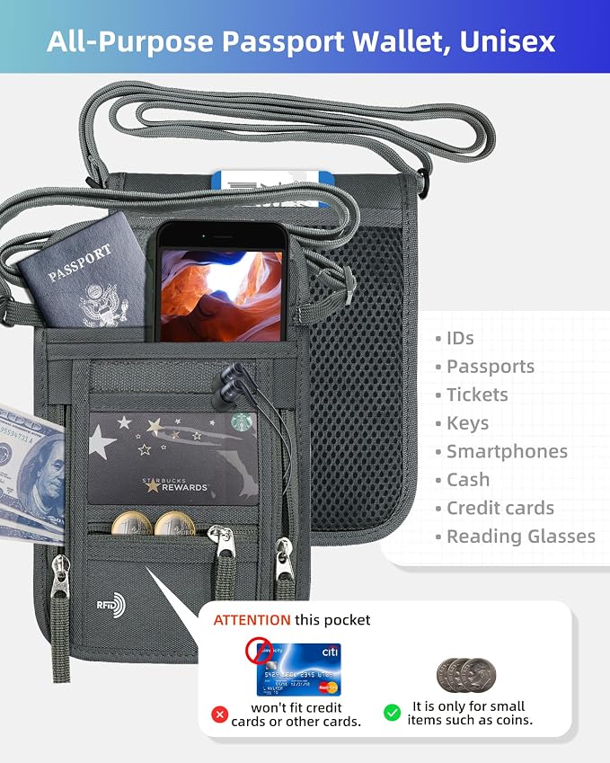 WALNEW Passport Holder Neck Pouch Travel Wallet for Women and Men, RFID Blocking Security Slim Traveling Wallet with Around Neck Lanyard Strap, Gray | Around Neck Lanyard Strap, Travel Safety Anti Theft Bag, Neck Wallet for Traveling Women Men