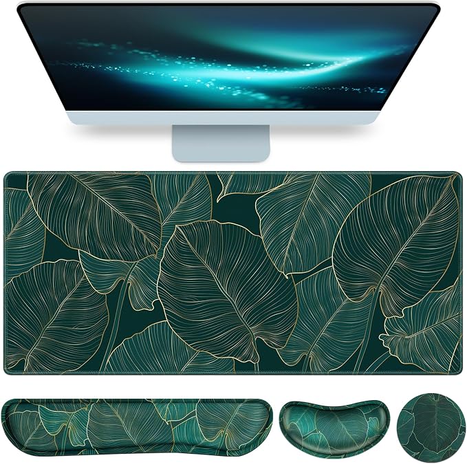Desk Mat, Large Gaming Mouse Pad with Wrist Rest, 4 in1 | XXL Mousepad Keyboard Wrist Rest Mouse Pad Wrist Support Cup Coaster Set Ergonomic for Computer Desk Decor Office Women