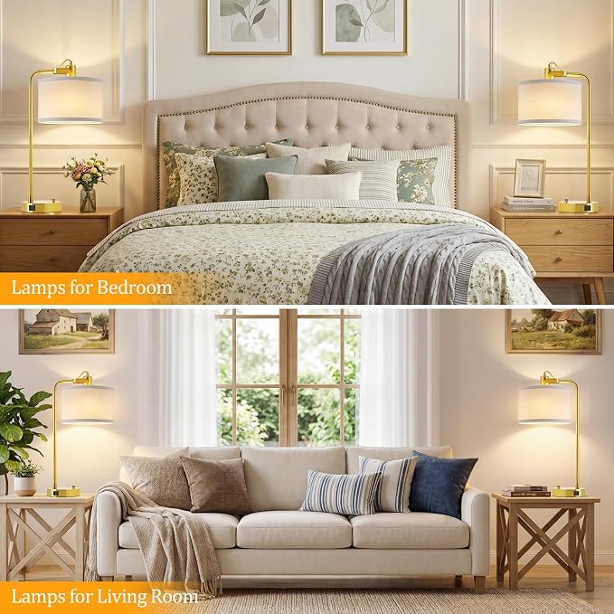 24‘’ Gold Table Lamp Set of 2 with USB A and C Ports, 180° Adjustable Stepless Dimming Bedside Lamps for Night Stands, E26 Bare Bulb Compatible, Industrial Nightstand Lamp, 9W LED Bulb Included