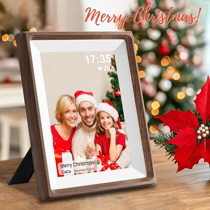 Frameo 10.1" Smart Digital Picture Frame with Walnut Moulding, 16:9 1280p HD IPS Touchscreen Display, 32GB Storage, MicroSD Slot, Plug-in Power, Easy Wireless Photo & Video Sharing, Idea