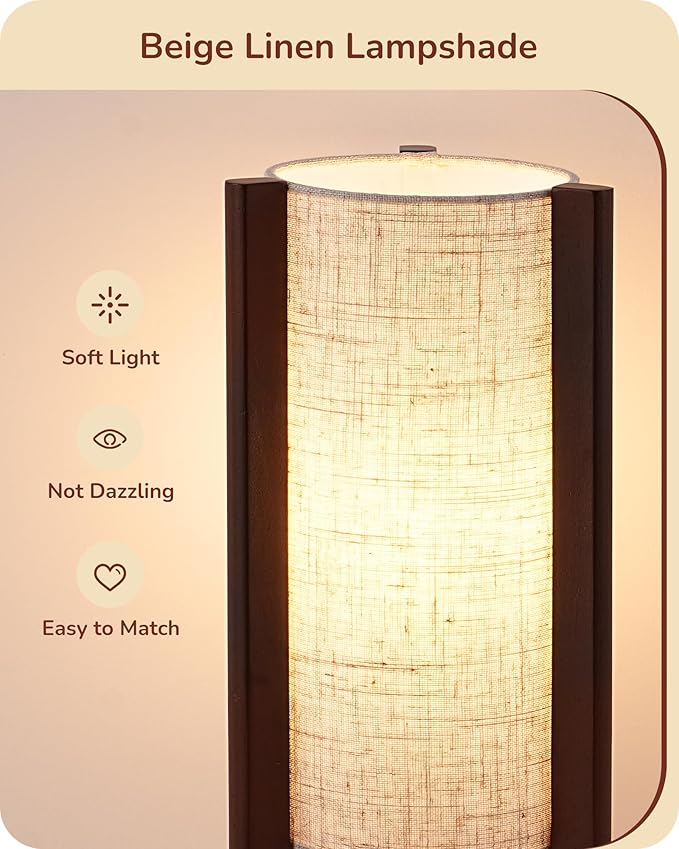 EDISHINE Wood Table Lamp, 13.5" Small Bedside Lamp, Rosewood, E26 Base | Beige Linen Shade, Cylinder Base, On-Off Line Switch, Nightstand Lamp for Bedroom, Living Room, Office