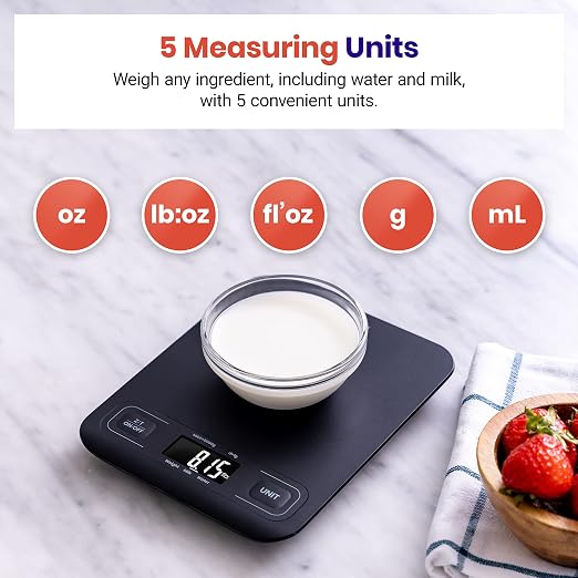 Etekcity Food Kitchen Scale, Digital Grams and Ounces, Medium | Tare function, ideal for baking, weight loss, keto, meal prep, packages, liquids and jewelry, Black