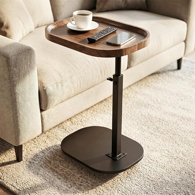 Adjustable Height TV Dinner Tray Table for Eating, 360°Swivel Small C Shaped End Side Table for Living Room, Bedroom,Hospital, Couch Armrest Table that Slide Under Sofa, Bed, Desk