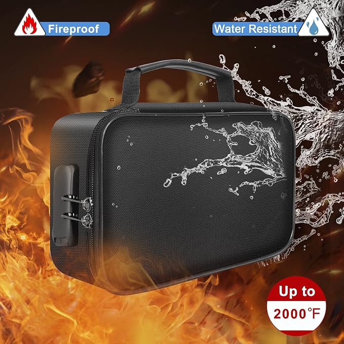 ENGPOW Small Fireproof Storage Organizer Case with Lock, 9”x 5.3”x 3.7” | Money Safe Wallet Carrying Bag with Multi-Pocket, Portable Home Travel for Cash,Card,Passport,Coin,Check,Bill,Soft Box,Black