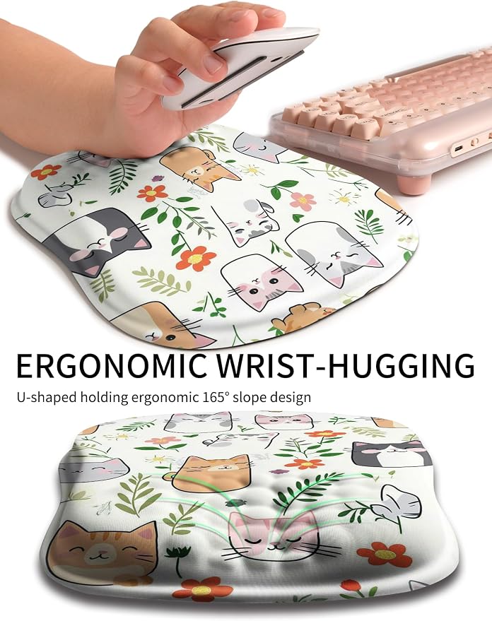 Hokafenle Ergonomic Wrist-Hugging Mouse Pad Wrist Support, U-Shaped Holding Wrist Rest Mousepad for Carpal Tunnel Pain Relief with Cushioned Memory Foam Slope Massage Bulge (10.2x8.3 in,Cute Cat)