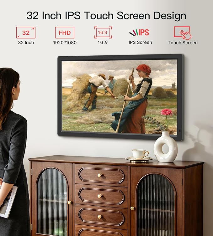BIGASUO 32" Large Digital Picture Frame with FHD 1920x1080 Touch Display, 64GB Memory, 2.4G/5G WiFi, Instant Photo/Video Sharing via Frameo App, SD Card/USB Support, for Home/Art Galleries/Business