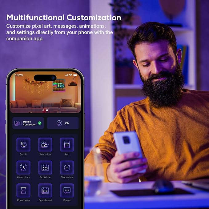 Merkury Innovations Tech Solutions Smart Bluetooth Pixel Frame – 32x32 Programmable RGB LED Display for Art, Animations, Digital Clock, DIY Decor, and Gaming Accessories