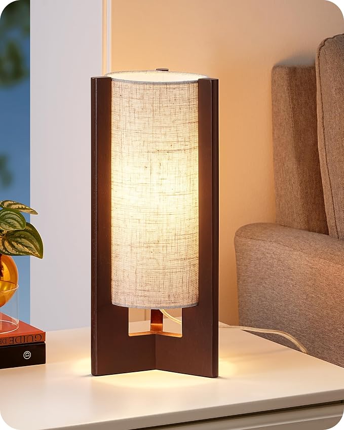 EDISHINE Wood Table Lamp, 13.5" Small Bedside Lamp, Rosewood, E26 Base | Beige Linen Shade, Cylinder Base, On-Off Line Switch, Nightstand Lamp for Bedroom, Living Room, Office