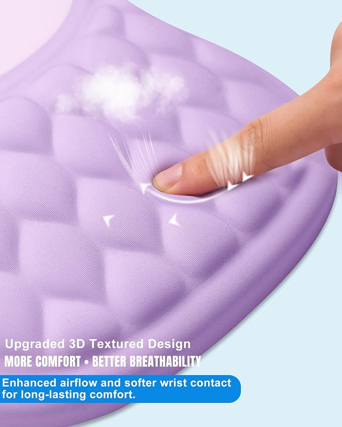 Ergonomic Mouse Pad with Sloped Memory Foam Wrist Rest, Purple&Grey | 3D Textured Wrist Cushion, Smooth Lycra Surface, Non-Slip PU Base, Comfortable Support for Office/Home Computer Desks