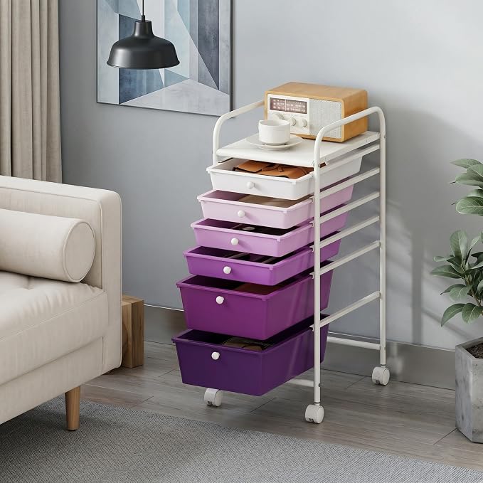 COSTWAY 6-Drawer Rolling Storage Cart, Art Craft Tools Organizer on Wheels | Multifunctional Heavy Duty Utility Mobile Storage Trolley w/ 2 Lockable Wheels for Home Office School (Purple Gradient)