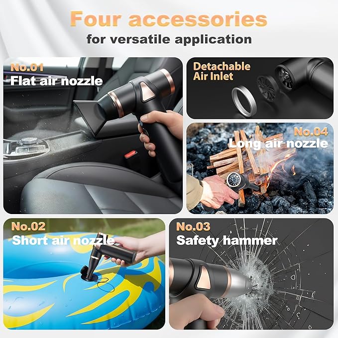4-in-1 Mini Air Duster, Electric Dust Cleaner Pocket Size, Rechargeable Cordless Aluminum Dust Blower for Computer Keyboard Air Bed Car Emergency