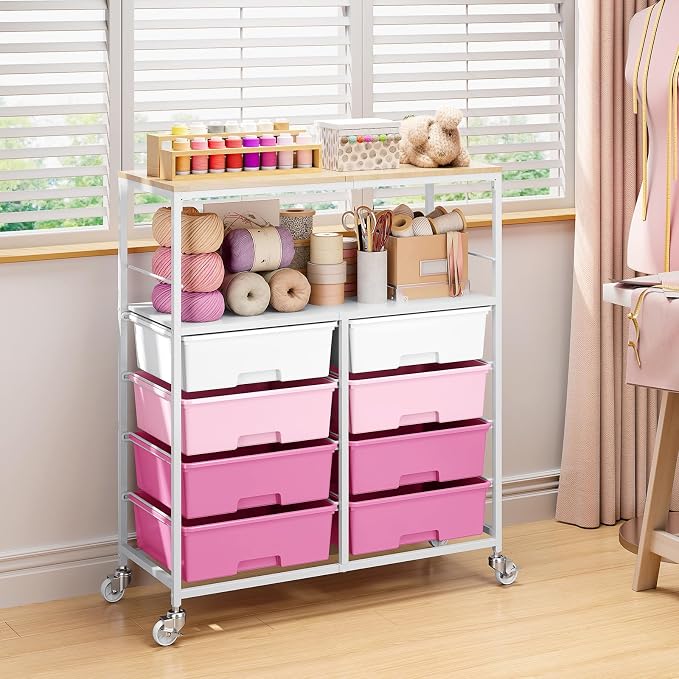 Rolling Storage Cart with 8 Large Drawers, Wooden Tabletop | Open Storage Shelves, Mobile Craft Organizer with Lockable Wheels for Home, Classroom, Office Supplies & Art Studio,Pink