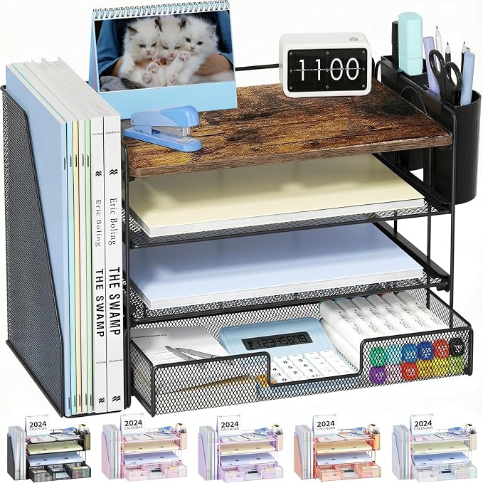 Desk Organizer, 4-Tier Desktop File Organizer with Drawer and Pen Holders, Office Desk Accessories, File Sorters, Workspace Organizers for Office Supplies(Wood)
