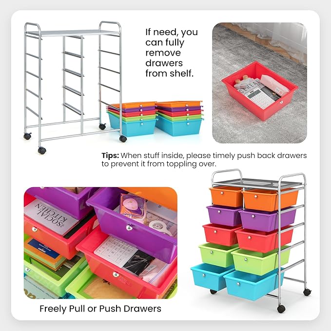 BECOMFORT 10-Drawer Rolling Cart with Drawers, Storage Cart on Wheels, Teacher Classroom Organizers with Metal Frame, Mobile Craft Cart, Trolley Utility Cart for School Office Play Room