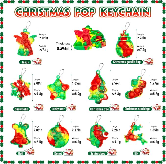 Christmas Pop Fidget Toys Bulk Its Christmas Party Favors for Kids 30 Pack Mini Pop Keychain It Stocking Stuffers for Kids Goodie Bag Stuffers Fidgets for Classroom Prizes Student Birthday Party Gifts