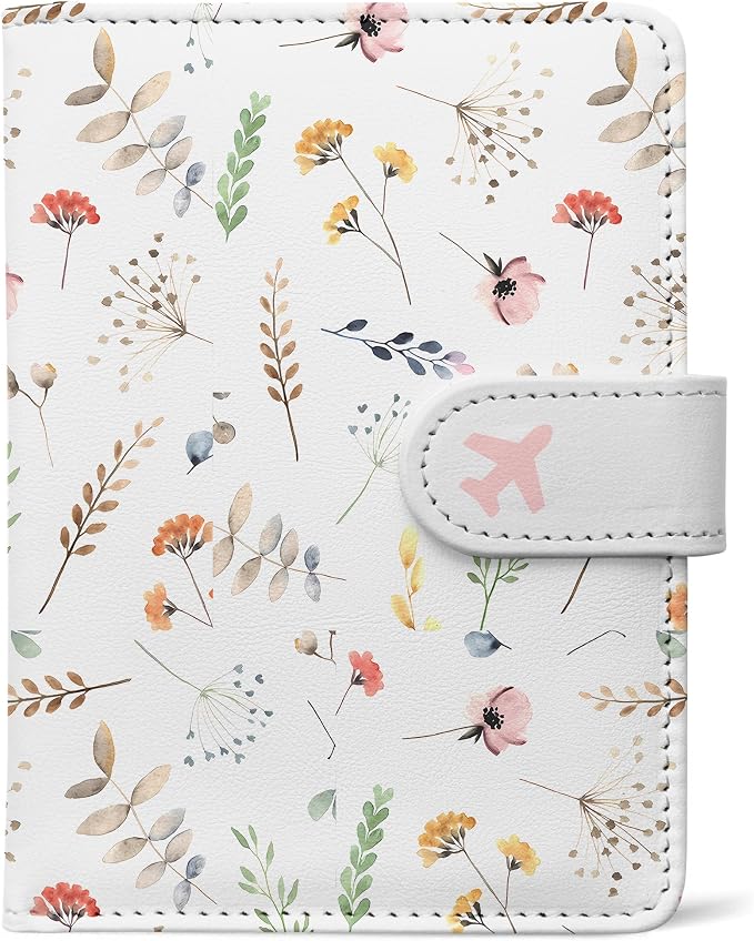 Passport Holder, Cute Travel Wallet Cover with RFID Blocking, Flower | PU leather travel wallet with magnetic closure, card slots, pen loop, and easy access for passports and essentials.