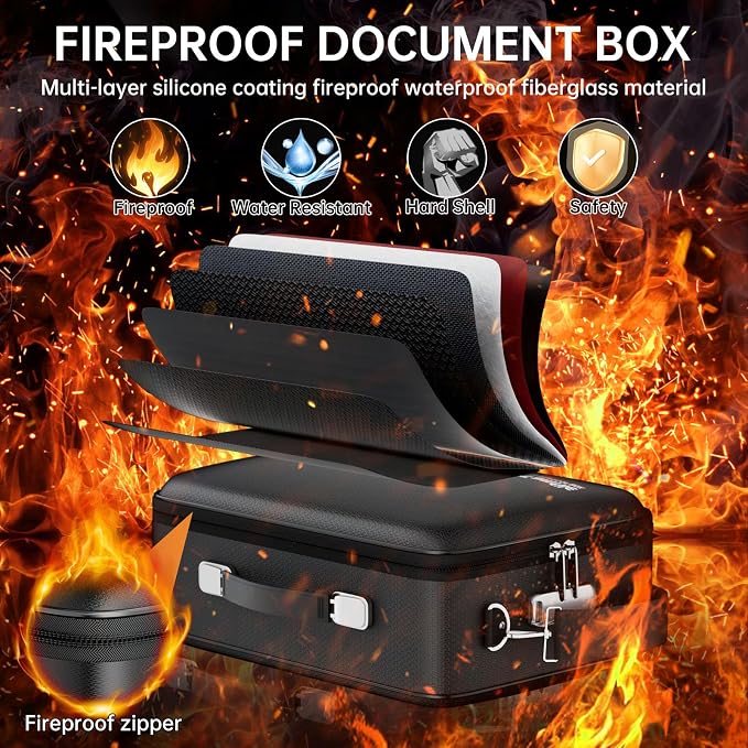 Tamfile Fireproof Document Box, Hard Case Safe File Box with Lock, Black | 5200°F, Water Resistant,8-Layer Fireproof Safe File Organizer with Accordion File Folder for Important Documents,Passports