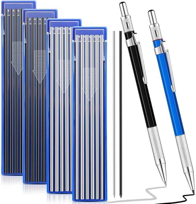 Gersoniel 2 Pcs Welders Pencil with 48 PCS Round Refills Mechanical Pencils Metal Welding Marker for Tube Pipe Fitter Welder Steel Construction Woodworking (Sliver, Black)