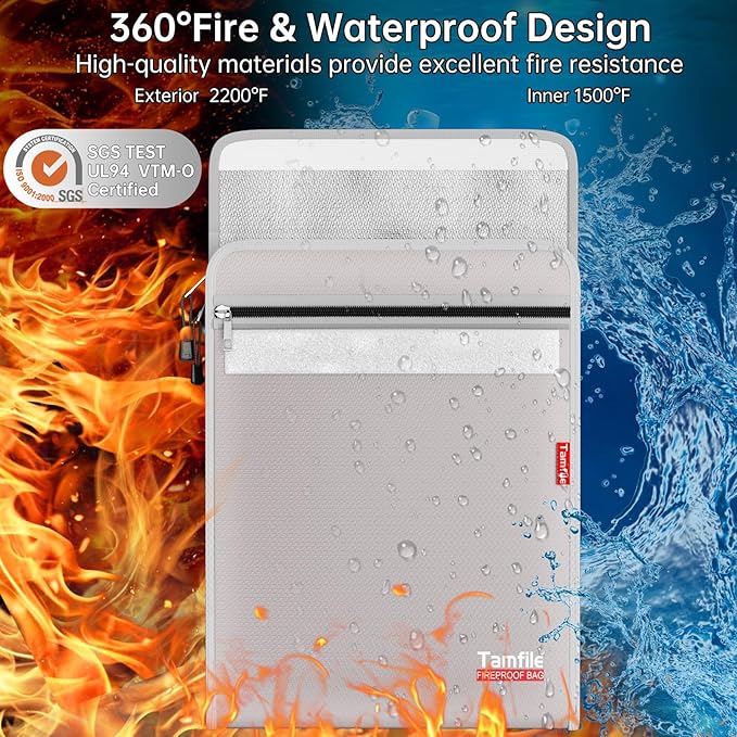 6400℉ Fireproof Document Bag, 15”x 11” Waterproof Document Organizer, Grey | Fireproof Money Bag, 2 Pockets,Safe Important Document Organizer for A4 A5 Legal Letter Size, Valuables, Legal Documents