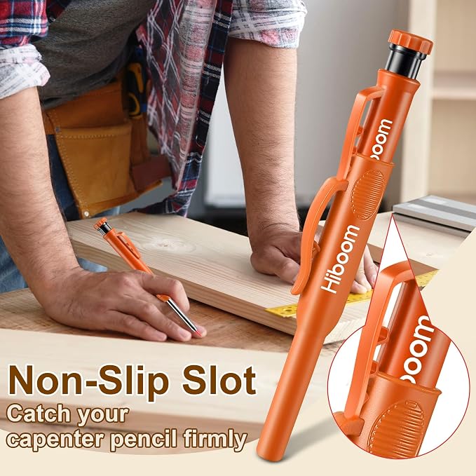 Hiboom 2 Pack Carpenter Pencils with Pencil Cap and 18 Refills, Orange | Mechanical Pencil, Deep Hole Marking, Built-In Sharpener, Long Nose Tip, Pocket Clip, Marks Many Surfaces, Woodworking Use