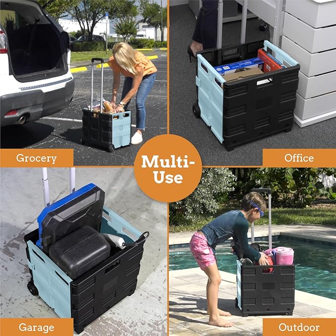 Ultra-Slim Rolling Collapsible Storage Pack-N-Roll Utility-carts, with Telescopic Handle, for Home, Garden, Shopping, Office, School use, Large, Baby Blue & Black