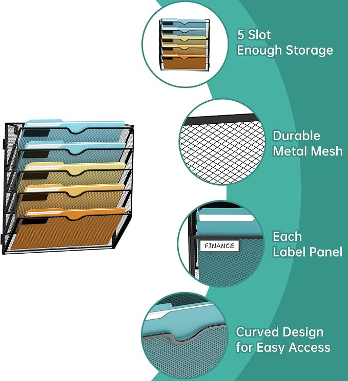5 Tier Wall File Organizer, Hanging Wall Mounted Mail Organizer with Label Slots, Metal Mesh File Holder Magazine Rack for Office, Home, School or Classroom, Black, 2Pack