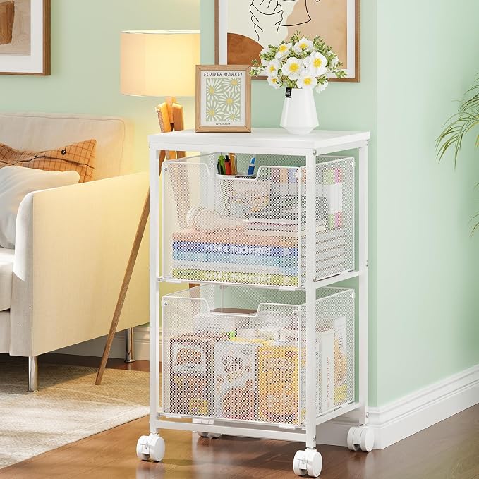 Rolling File Cart with 2 Storage Drawers,Under Desk Storage Cart | Hanging File Folder Organizer with Wheels, Filing Cabinet Mobile Printer Stand Utility Craft Cart for Home Office,White