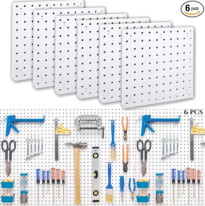 6Pcs Peg Board, Peg Board Wall Organizer Panels, White Pegboard Wall Mount, ABS Pegboard for Craft Room Garage Kitchen Workshop, ABS Peg Boards Easy Installation (White)