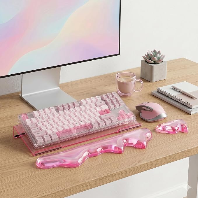 Acrylic Computer Keyboard Stand with Gel Mountain Wrist Rest Keyboard Riser with Comfortable Clear Silicone Mouse Wrist Pad Ergonomic Tilted Transparent Keyboard Holder for Desktop Office Hot Pink