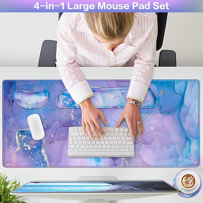 4-in-1 Mouse Pad with Wrist Rest Purple,35.4×15.7in Large Gaming Mouse Pad | Keyboard Wrist Rest+wrist Mousepad+Cup Pad,Ergonomic Mouse Pads,Anti-Slip,Waterproof Keyboard Pad for Home Office