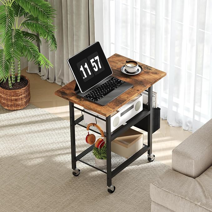 MAHANCRIS 3-Tier Printer Stand, Rolling Printer Table on Wheels, Industrial Storage Stand with Side Pocket, Wooden Tabletop, 2 S-Shaped Hooks, for Home Office, Rustic Brown and Black PTHR2501