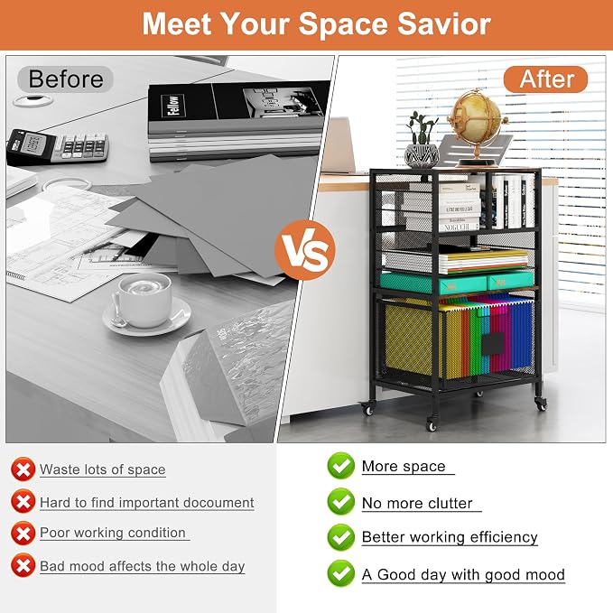 EasyPAG Rolling Cart with Storage Drawer, Under Desk Filling Cabinet with Mail Sorter, Pull Out Hanging File Rack for Letter Size Folders, Mobile Utility Craft Cart for Home Office, Black