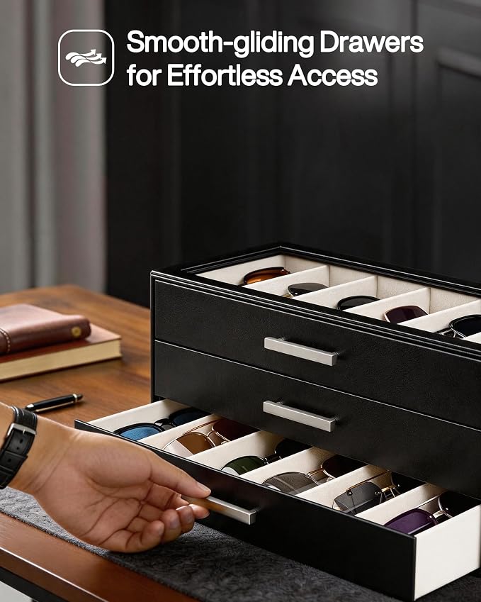 ProCase Sunglasses Organizer Box with Clear Glass Lid, PU Leather Eyeglass Storage Display Case for Men and Women
