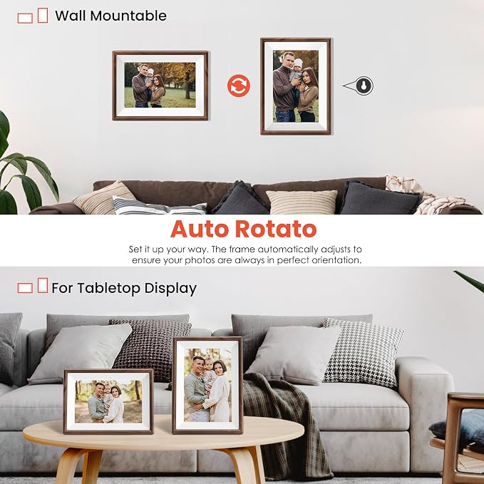 Frameo 10.1" Smart Digital Picture Frame with Walnut Moulding, 16:9 1280p HD IPS Touchscreen Display, 32GB Storage, MicroSD Slot, Plug-in Power, Easy Wireless Photo & Video Sharing, Idea