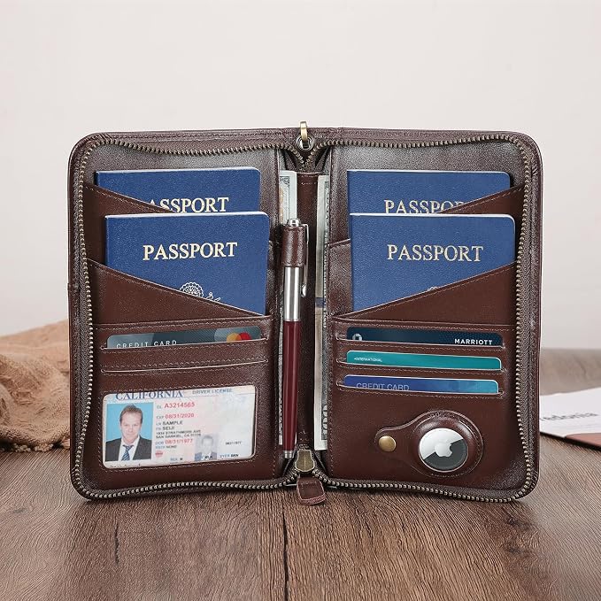 Polare Napa Leather Passport Holder Cover Case for Men and Women RFID Blocking Family Travel Wallet Holds 6 Passports (Coffee with AirTag Slot)
