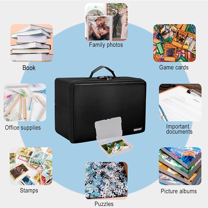 ENGPOW Fireproof Photo Storage Box 5" x 7" Photo Case(Clear),16 Inner Photo Keeper Organizer with Lock, Collapsible Portable Acid-Free Photo Storage Container with Handle for Picture, Valuables