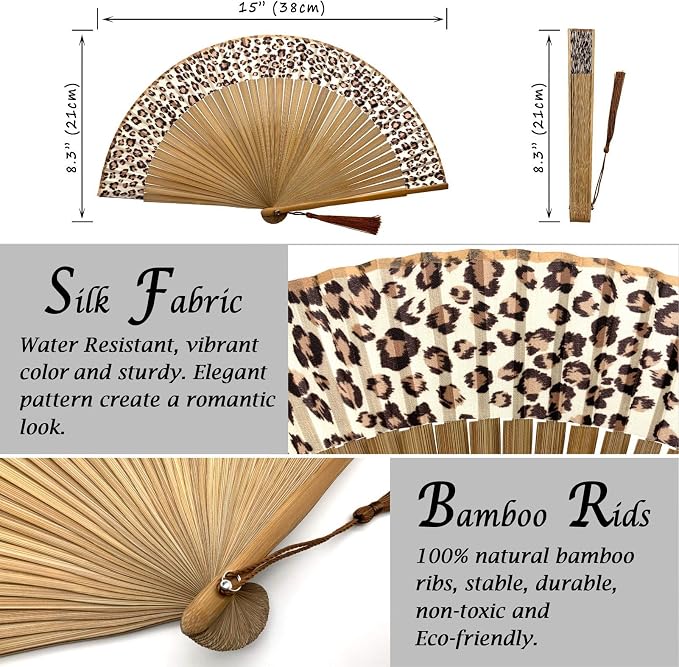 OMyTea Folding Hand Fan for Women - Foldable Chinese Japanese Fan (Sexy Bamboo - Leopard)