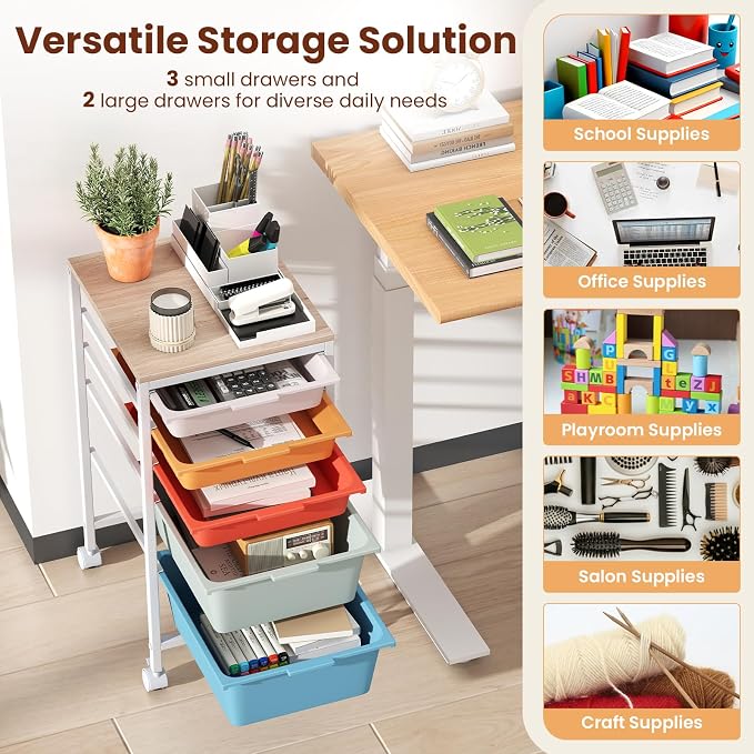 Giantex Rolling Storage Cart with 5 Drawers, Utility Cart w/Wooden Tabletop, Lockable Wheels, Multipurpose Organizer for Art Craft Books Paper, Drawer Carts for Dorm Classroom Office, Macaron