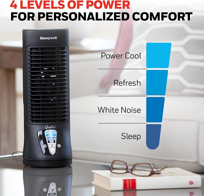 Honeywell QuietSet Personal Table Fan, Oscillating Personal Desk Fan For Bedroom with Quiet Operation, 4 Levels of Power and Sound, Black, HTF210B