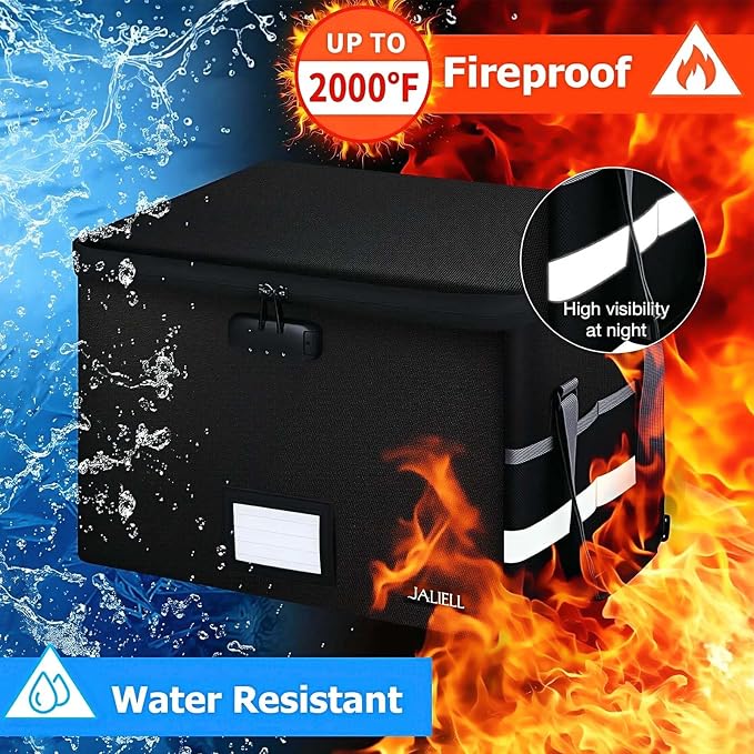 Fireproof File Box with Lock, Document Storage Organizer with Lid, Handle | File organizer Filing Storage Cabinet with Water-resistant Zipper, Home Office Safe for Hanging Letter/Legal Folder
