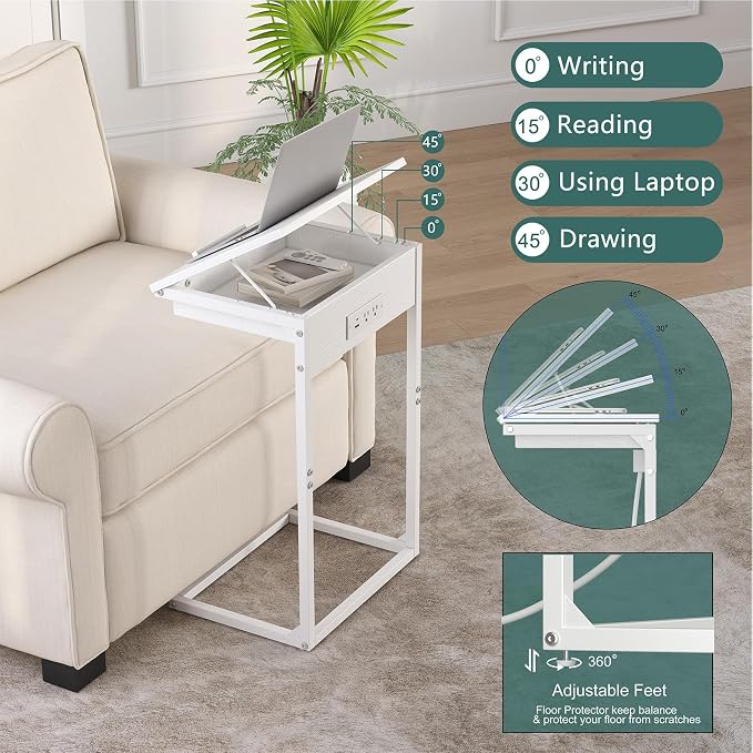 sthmec C Shaped End Table with Charging Station, 45° Tiltable Adjustable Flip Top Side Table with Storage,Small C Table for Small Spaces,Slide Under Couch Sofa Bedside Table for Living Room,White