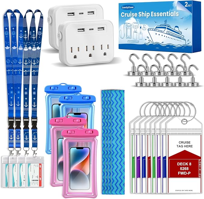 2set Cruise Essentials 2026,Cruise Must Haves Kit,Non-Surge Protector Power Strip,Magnetic Hooks,Lanyards,Luggage Tags,Towel Bands,Waterproof Phone Pouches,Travel Essentials