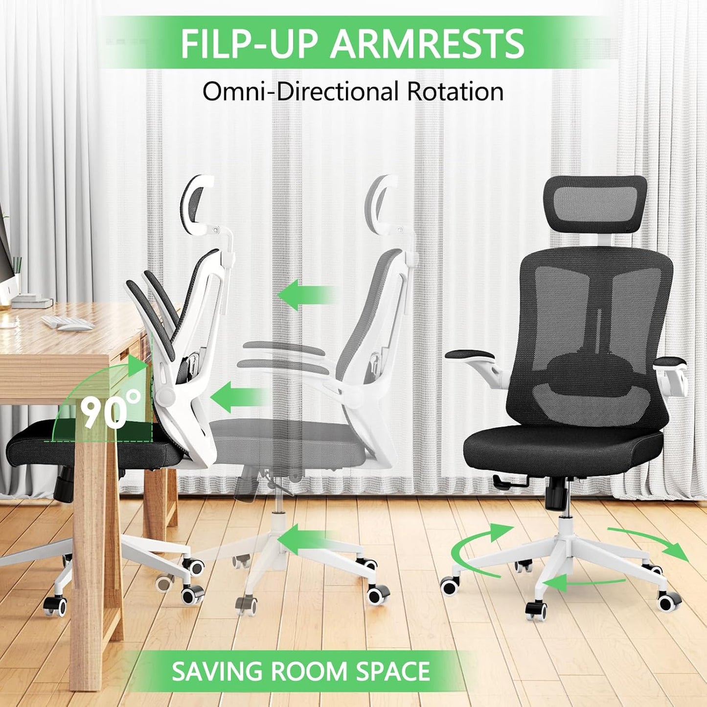 Office Desk Chair, High Back Ergonomic Comfy Offiec Chairs, Computer Mesh Chair with Folding Arms, Adjustable Headrest, Capacity 350LBS, Lumbar Support