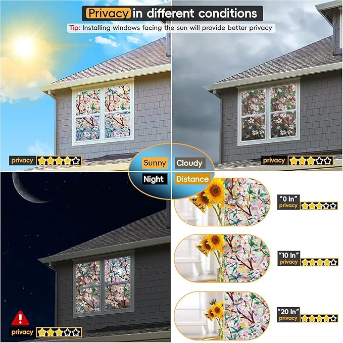 Rainbow Window Privacy Film Decorative, 3D Decals Stained Glass Clings, Static Cling Sticker, Suncatcher Windows Cover Tint for Home, 29.5 Inch x 157.4 Inch