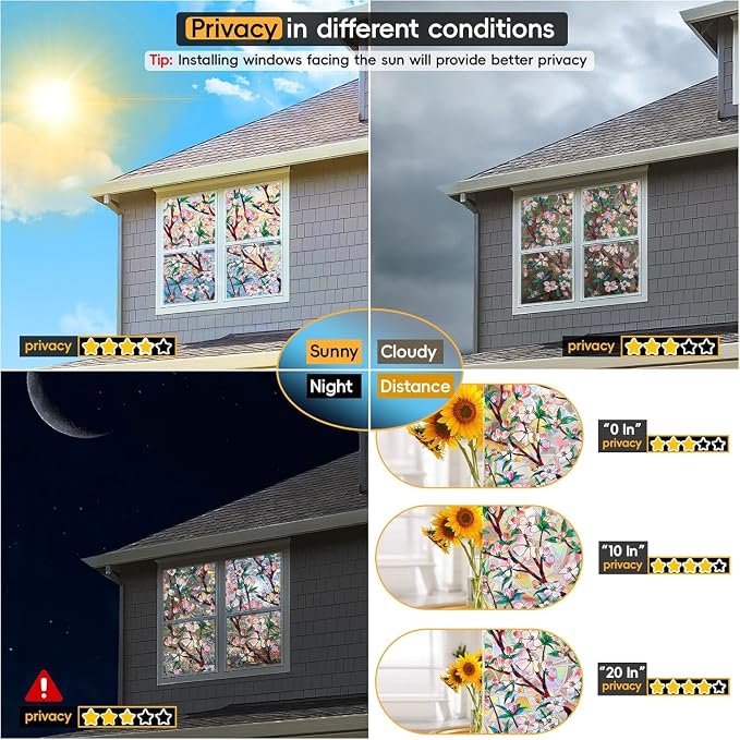 Rainbow Window Privacy Film Decorative, 3D Decals Stained Glass Clings, Static Cling Sticker, Suncatcher Windows Cover Tint for Home, 17.5 Inch x 78.74 Inch