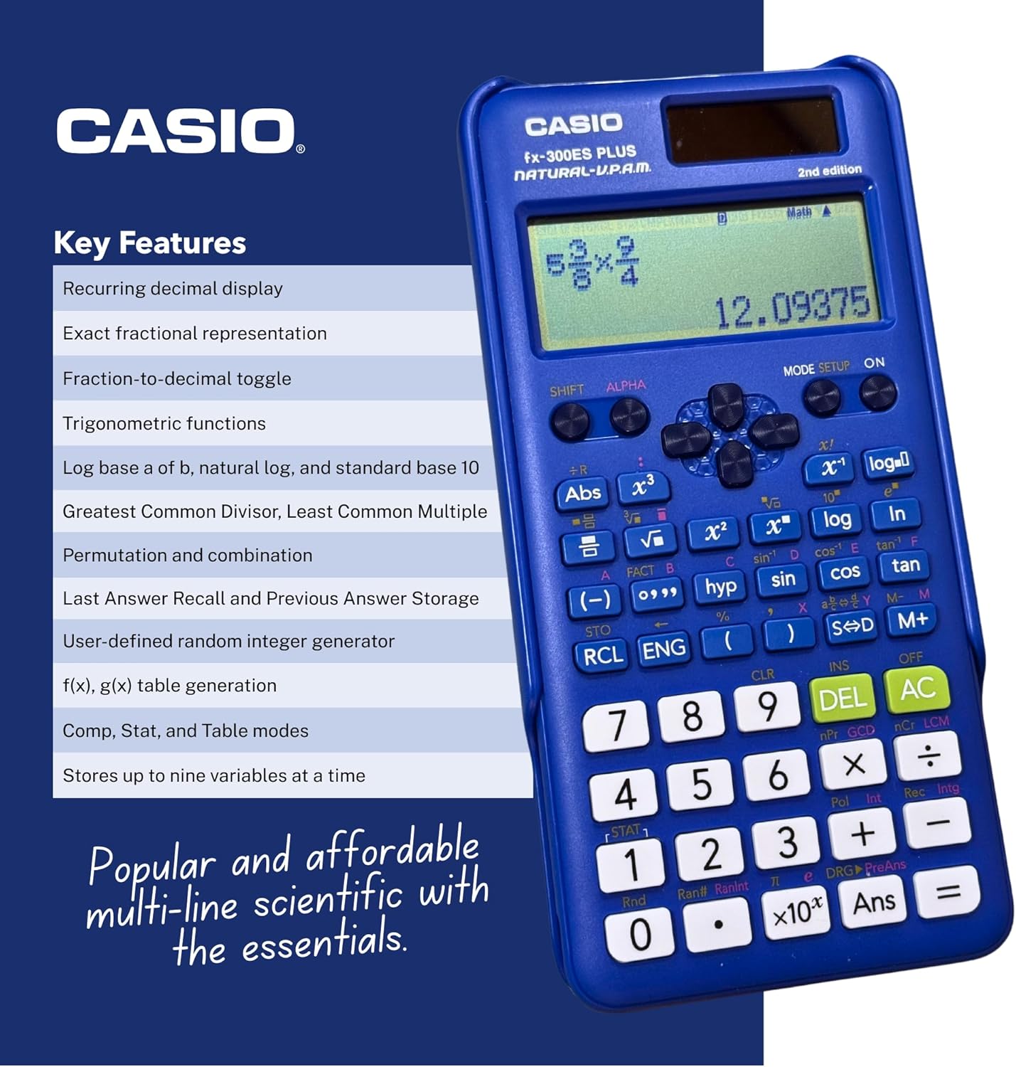 Casio fx-300ES Plus 2nd Edition – Standard Scientific Calculator | 262 Functions, Natural Textbook Display℠ | Ideal for Middle School, High School Math, Statistics & Algebra | Blue (Pack of 2)