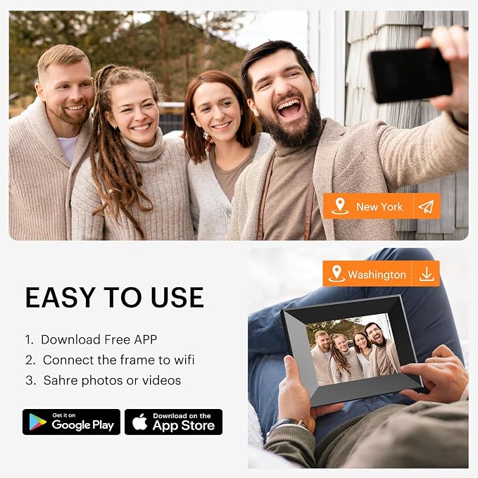 8-Inch Digital Picture Frame with WiFi, Wood Finish Smart Photo Frame HD IPS Touch Screen with 16GB Storage – Easy Photo & Video Sharing from Anywhere – Ideal Gift for Family, Black