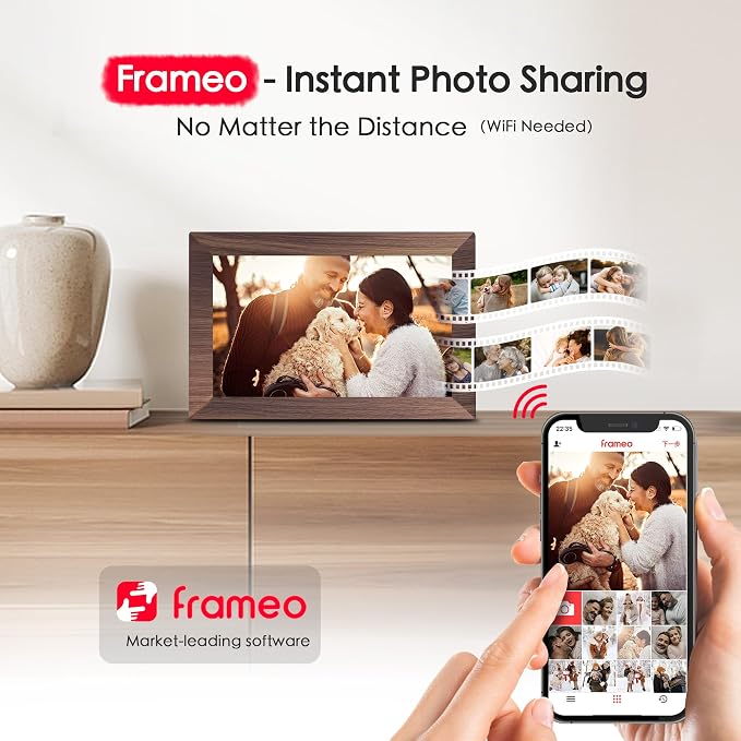 Frameo 10.1" Digital Picture Frame WiFi Wood, 1280 * 800 IPS HD Touchscreen, 32GB Storage, Instant Share Pictures Video, Smart Photo Frame Electronic, Gifts for Mom, Grandma, Woodgrain