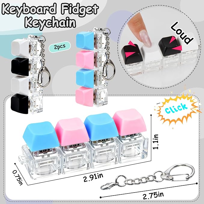2 PCS Keyboard Fidget Toy, Keyboard Fidget Keychain 4-in-1 Keyboard Decompression Button Finger Clicker Toys, Button Stress Relief Fidget Gifts to Relief Stress (Black White Blue Pink)